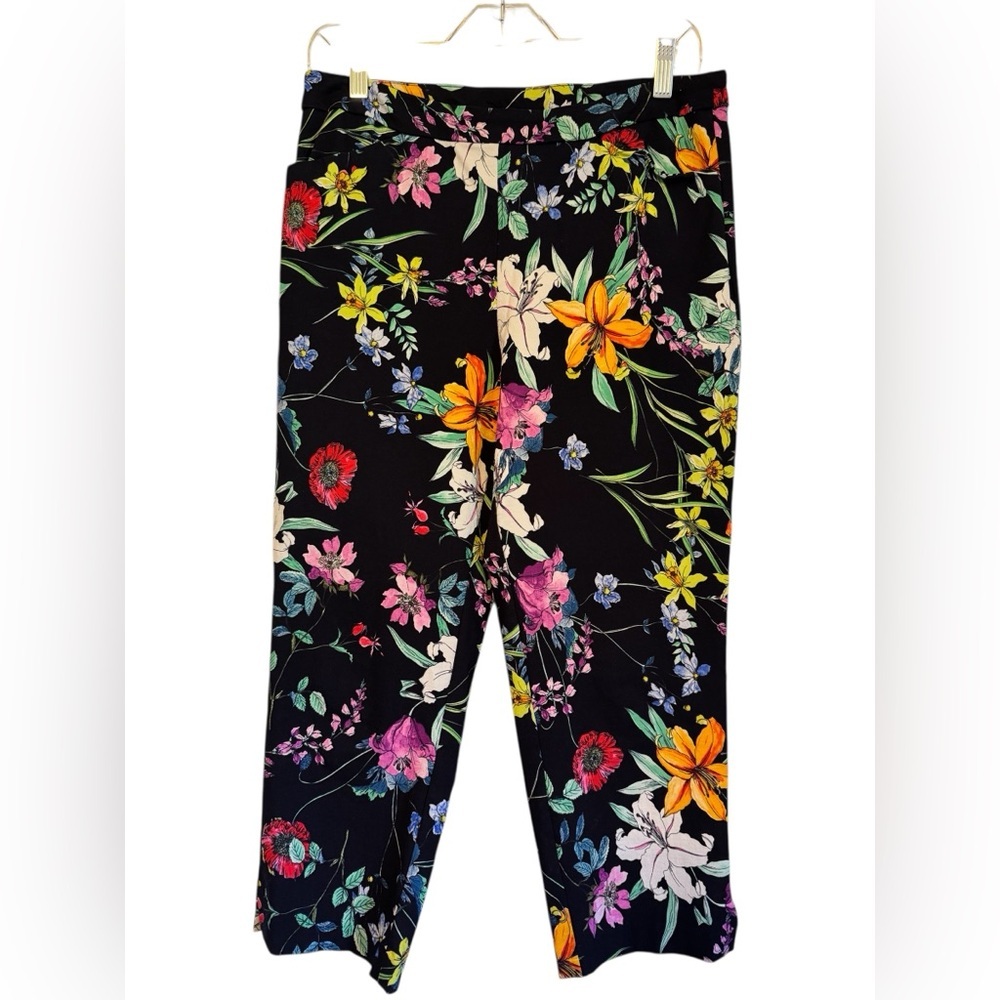Tribal Floral Print Womens Capri Pants Sz 10 Dark Navy Blue Multi Color Flowers - Picture 1 of 9